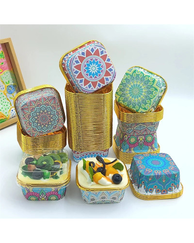 Tazas cuadradas de Panettone para hornear magdalenas, repostería Bohemia, Mandala, Muffin, taza de papel para cupcakes de Navida